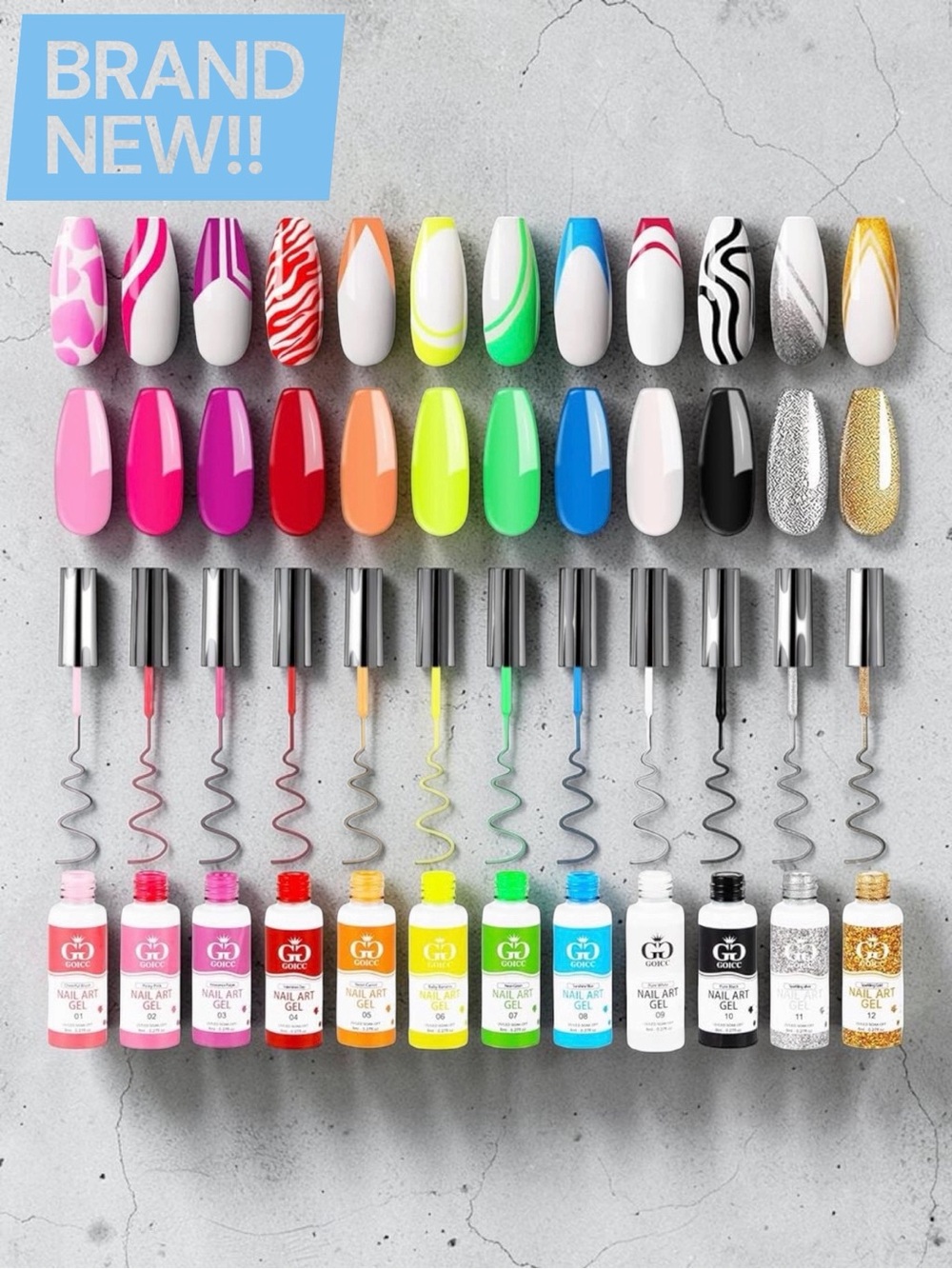 💅 GOICC Gel Nail Art Polish Liner Set – 12 Colors with Built-In Detail Brushes